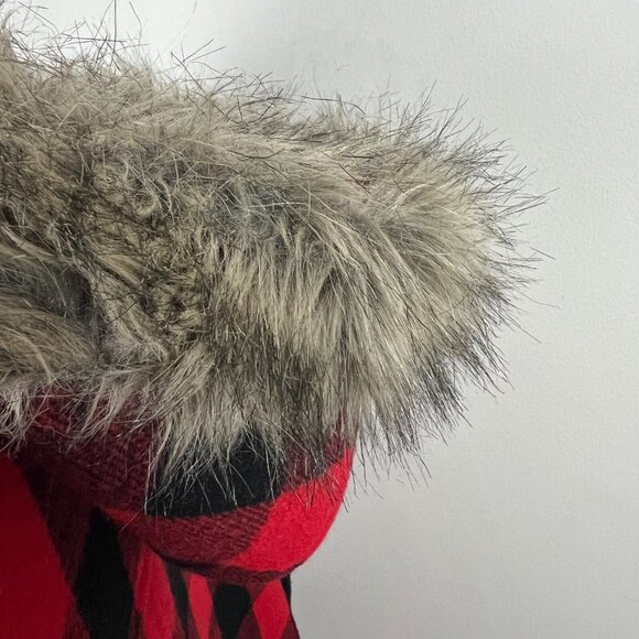 J Crew Jacket Womens 6 Red Vail Parka Coat Buffalo Check Plaid‎ Faux Fur Hood - Picture 6 of 13